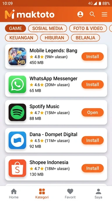 Tampilan katalog aplikasi maktoto